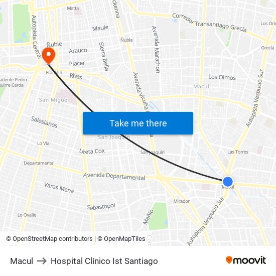 Macul to Hospital Clínico Ist Santiago map