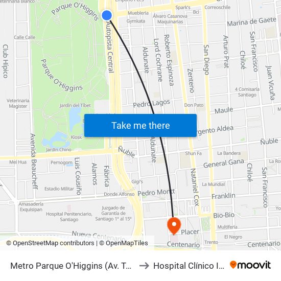 Metro Parque O'Higgins (Av. Tupper Esq. Av. Viel) to Hospital Clínico Ist Santiago map
