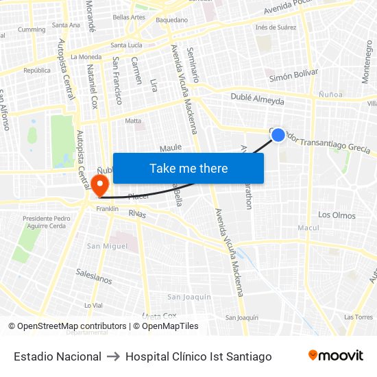 Estadio Nacional to Hospital Clínico Ist Santiago map