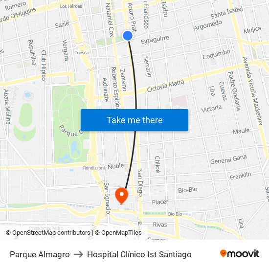 Parque Almagro to Hospital Clínico Ist Santiago map