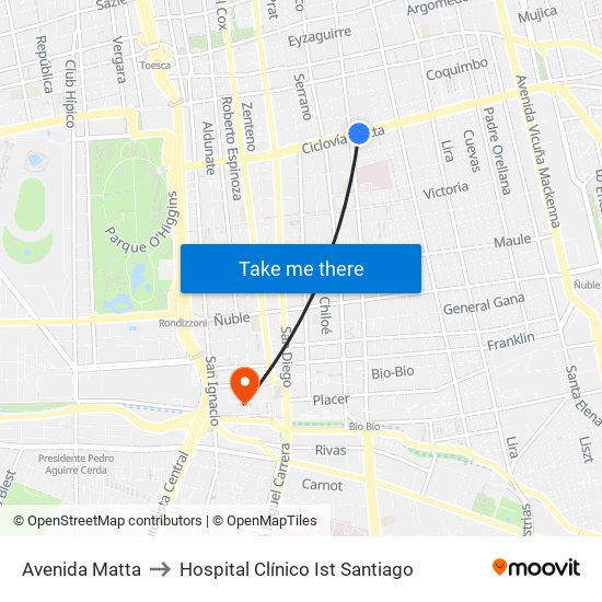 Avenida Matta to Hospital Clínico Ist Santiago map