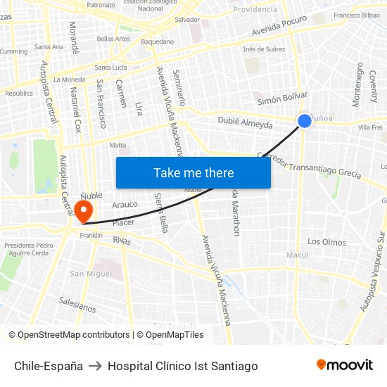 Chile-España to Hospital Clínico Ist Santiago map