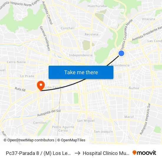 Pc37-Parada 8 / (M) Los Leones to Hospital Clínico Mutual map