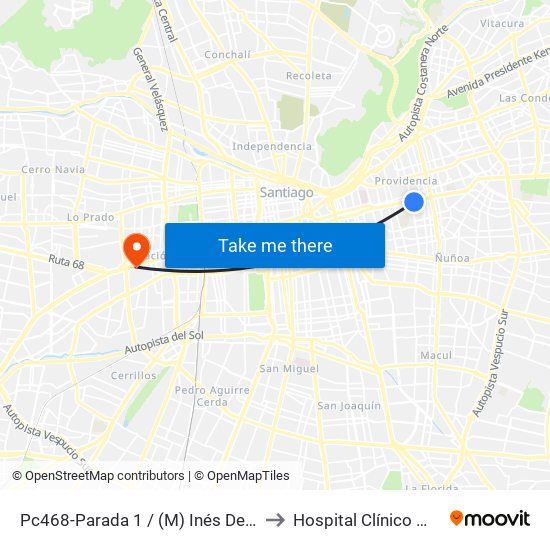 Pc468-Parada 1 / (M) Inés De Suarez to Hospital Clínico Mutual map
