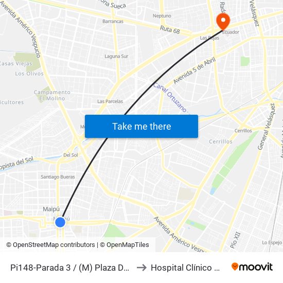 Pi148-Parada 3 / (M) Plaza De Maipú to Hospital Clínico Mutual map