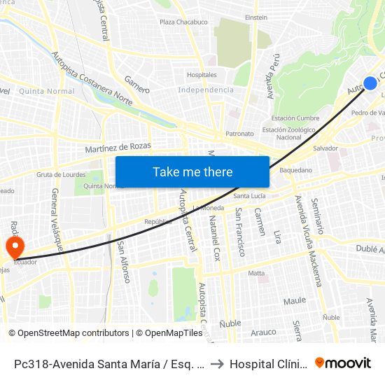 Pc318-Avenida Santa María / Esq. Av. Pedro De Valdivia to Hospital Clínico Mutual map