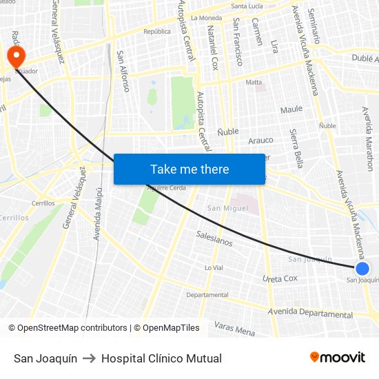 San Joaquín to Hospital Clínico Mutual map