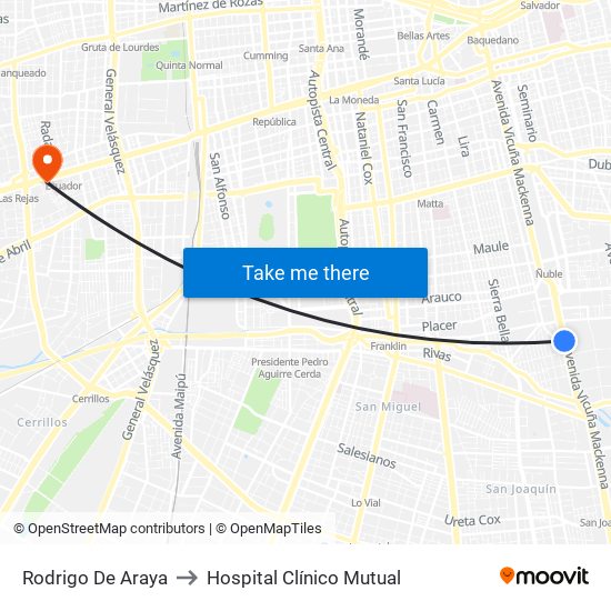 Rodrigo De Araya to Hospital Clínico Mutual map