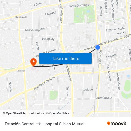 Estación Central to Hospital Clínico Mutual map