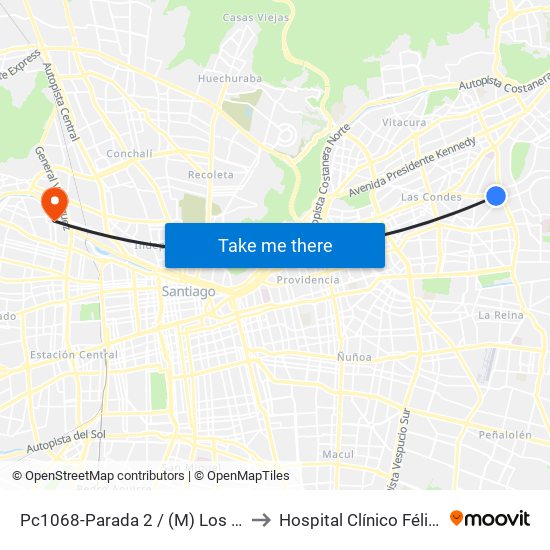 Pc1068-Parada 2 / (M) Los Dominicos to Hospital Clínico Félix Bulnes map