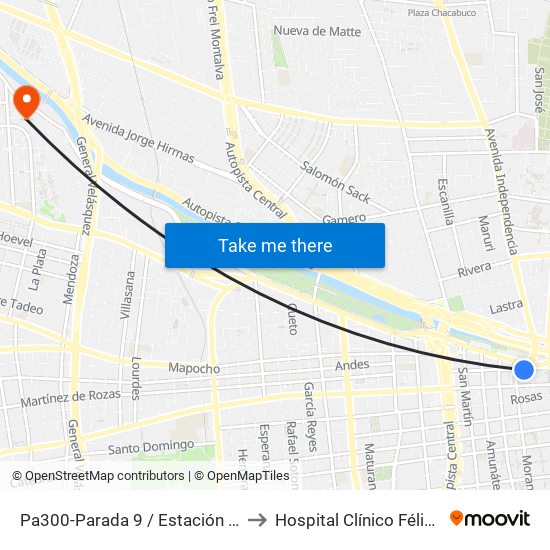 Pa300-Parada 9 / Estación Mapocho to Hospital Clínico Félix Bulnes map