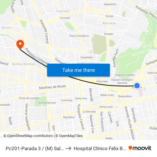 Pc201-Parada 3 / (M) Salvador to Hospital Clínico Félix Bulnes map