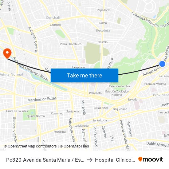 Pc320-Avenida Santa María / Esq. Puente Los Leones to Hospital Clínico Félix Bulnes map