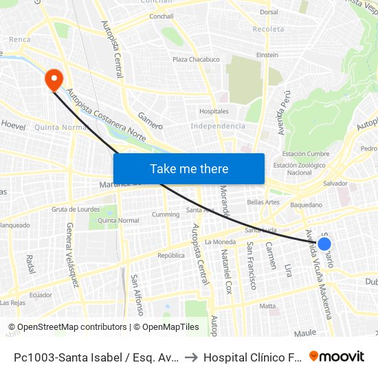 Pc1003-Santa Isabel / Esq. Avenida Seminario to Hospital Clínico Félix Bulnes map