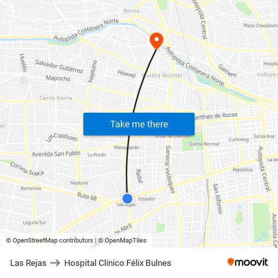 Las Rejas to Hospital Clínico Félix Bulnes map