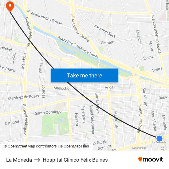 La Moneda to Hospital Clínico Félix Bulnes map