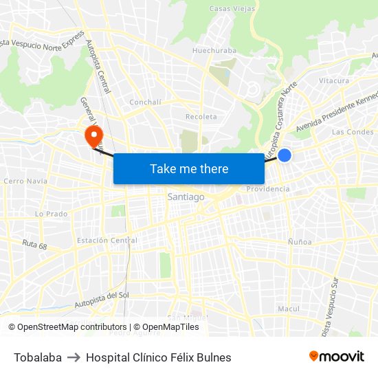 Tobalaba to Hospital Clínico Félix Bulnes map