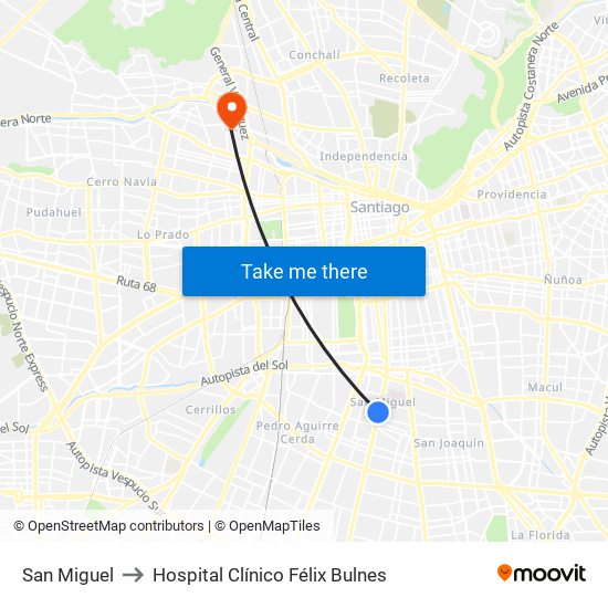 San Miguel to Hospital Clínico Félix Bulnes map