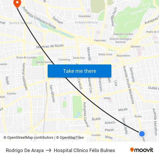 Rodrigo De Araya to Hospital Clínico Félix Bulnes map