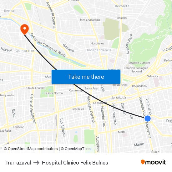 Irarrázaval to Hospital Clínico Félix Bulnes map