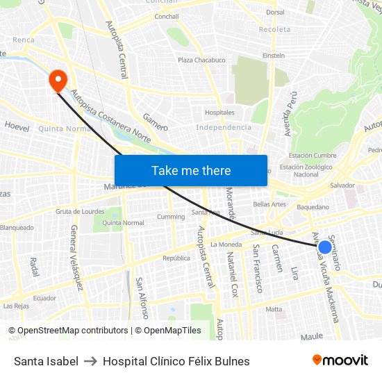 Santa Isabel to Hospital Clínico Félix Bulnes map