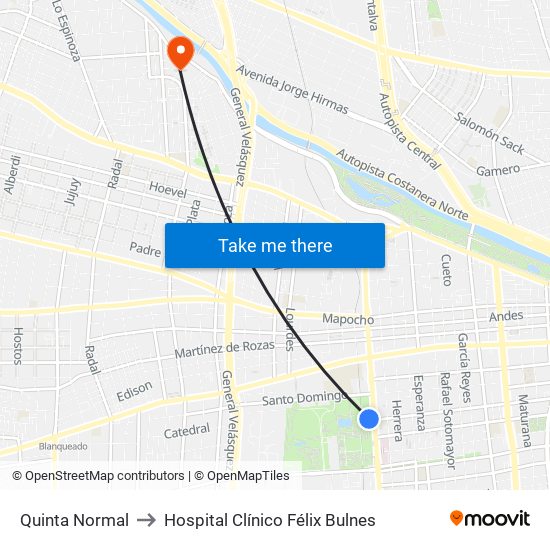 Quinta Normal to Hospital Clínico Félix Bulnes map