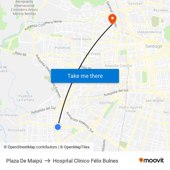 Plaza De Maipú to Hospital Clínico Félix Bulnes map