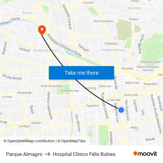 Parque Almagro to Hospital Clínico Félix Bulnes map