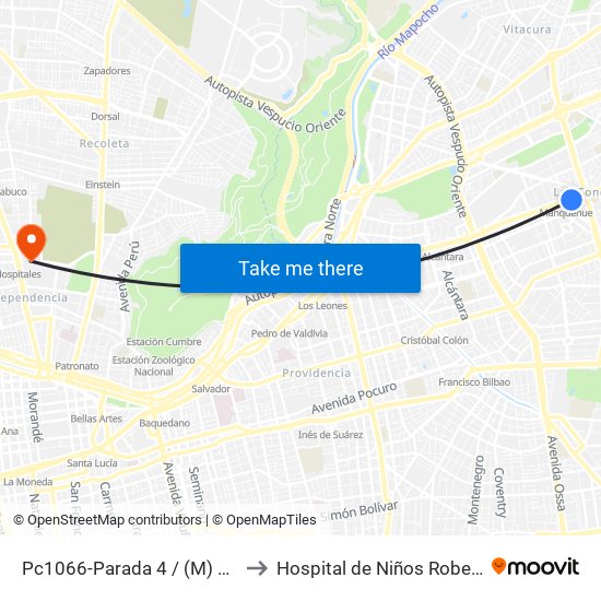 Pc1066-Parada 4 / (M) Manquehue to Hospital de Niños Roberto del Río map