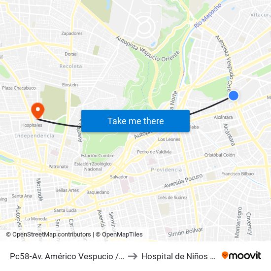 Pc58-Av. Américo Vespucio / Esq. Av. Pdte. Riesco to Hospital de Niños Roberto del Río map