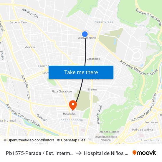 Pb1575-Parada / Est. Intermodal Vespucio Norte to Hospital de Niños Roberto del Río map
