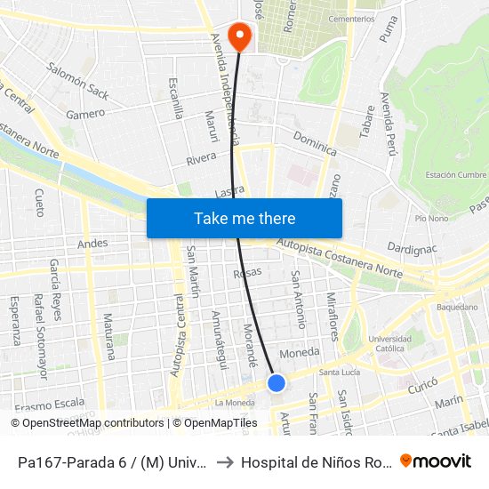 Pa167-Parada 6 / (M) Universidad De Chile to Hospital de Niños Roberto del Río map