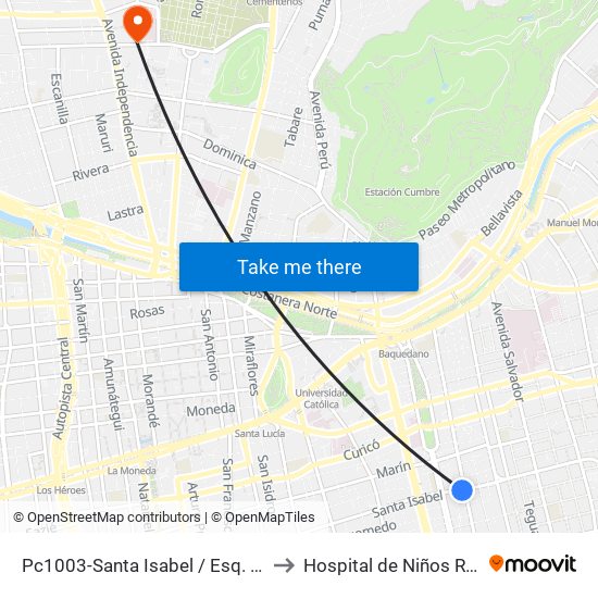 Pc1003-Santa Isabel / Esq. Avenida Seminario to Hospital de Niños Roberto del Río map