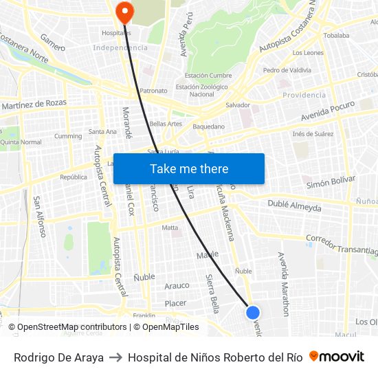 Rodrigo De Araya to Hospital de Niños Roberto del Río map