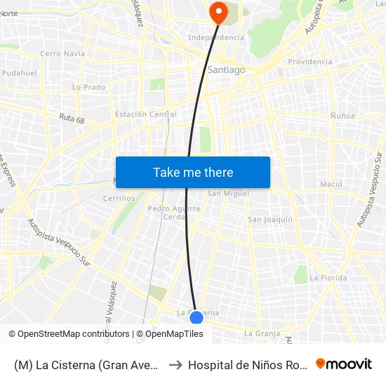 (M) La Cisterna (Gran Avenida, Parad. 25) to Hospital de Niños Roberto del Río map