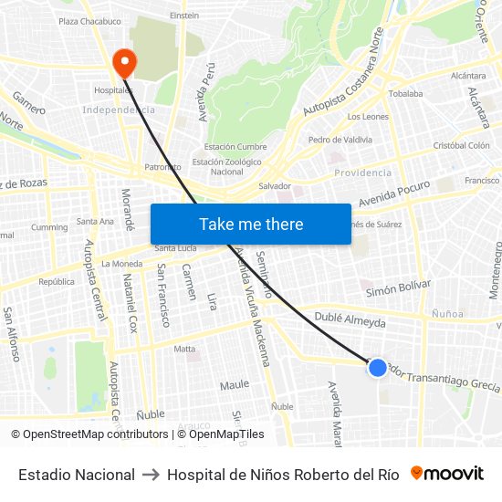 Estadio Nacional to Hospital de Niños Roberto del Río map