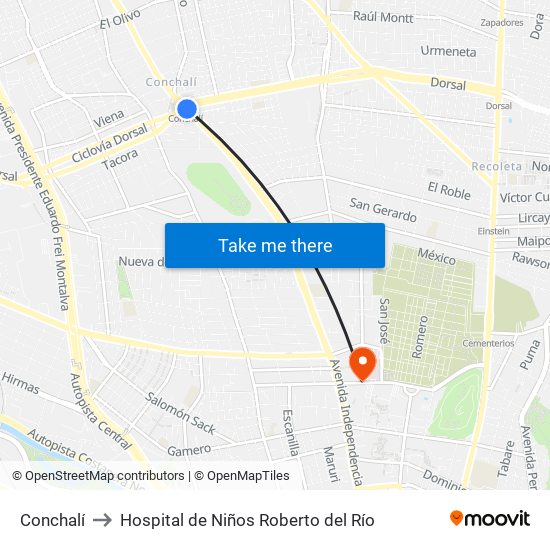 Conchalí to Hospital de Niños Roberto del Río map