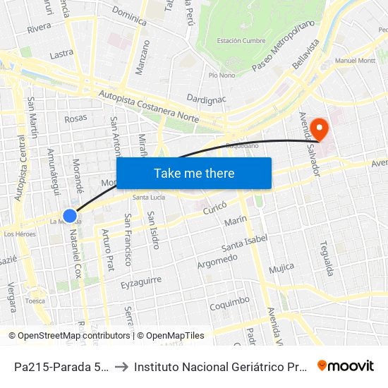 Pa215-Parada 5 / (M) La Moneda to Instituto Nacional Geriátrico Presidente Eduardo Frei Montalva map