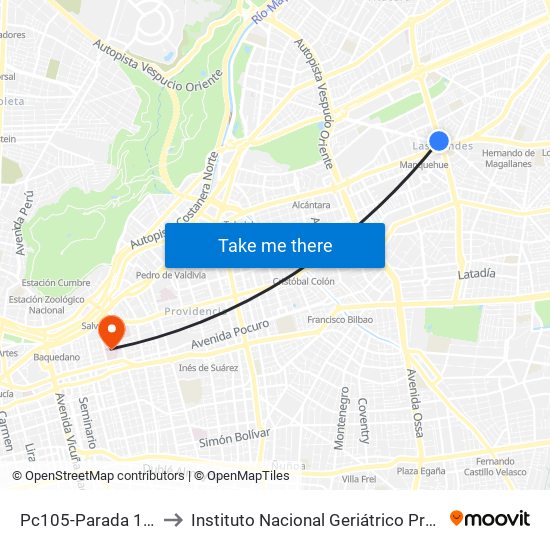 Pc105-Parada 1 / (M) Manquehue to Instituto Nacional Geriátrico Presidente Eduardo Frei Montalva map