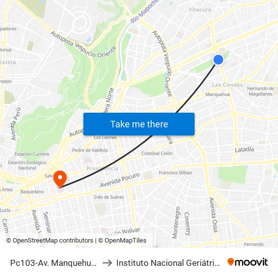 Pc103-Av. Manquehue Norte / Esq. Av. Pdte. Riesco to Instituto Nacional Geriátrico Presidente Eduardo Frei Montalva map