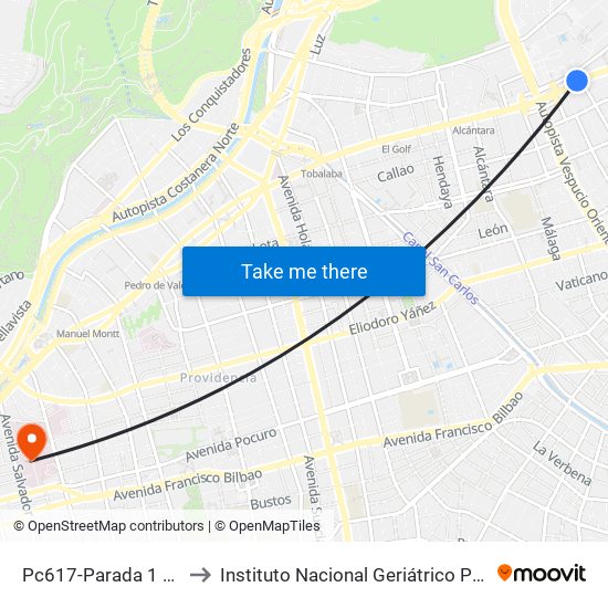 Pc617-Parada 1 / (M) Escuela Militar to Instituto Nacional Geriátrico Presidente Eduardo Frei Montalva map