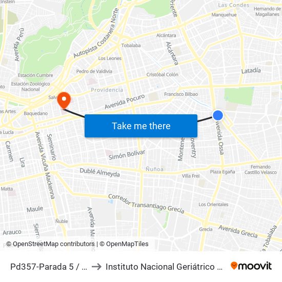 Pd357-Parada 5 / (M) Príncipe De Gales to Instituto Nacional Geriátrico Presidente Eduardo Frei Montalva map