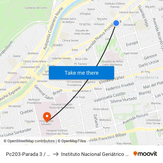 Pc203-Parada 3 / (M) Pedro De Valdivia to Instituto Nacional Geriátrico Presidente Eduardo Frei Montalva map