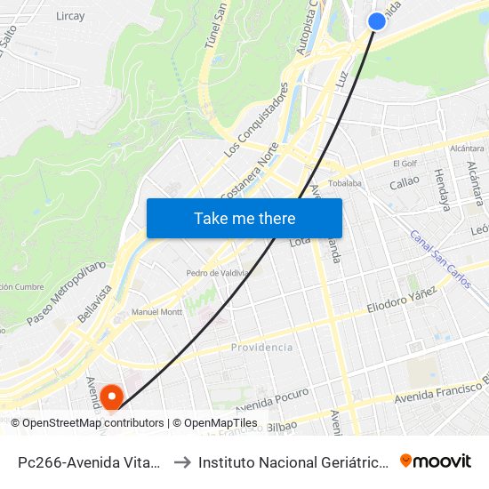 Pc266-Avenida Vitacura / Esq. Nueva Costanera to Instituto Nacional Geriátrico Presidente Eduardo Frei Montalva map