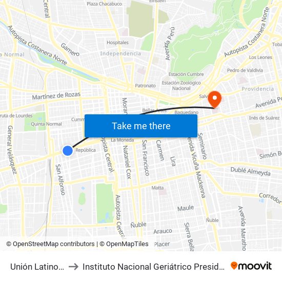 Unión Latino Americana to Instituto Nacional Geriátrico Presidente Eduardo Frei Montalva map
