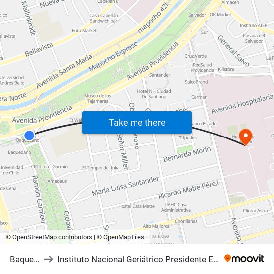 Baquedano to Instituto Nacional Geriátrico Presidente Eduardo Frei Montalva map