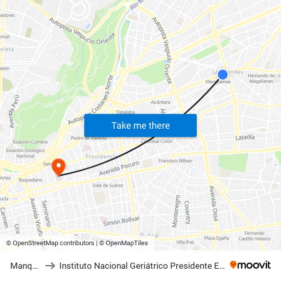 Manquehue to Instituto Nacional Geriátrico Presidente Eduardo Frei Montalva map