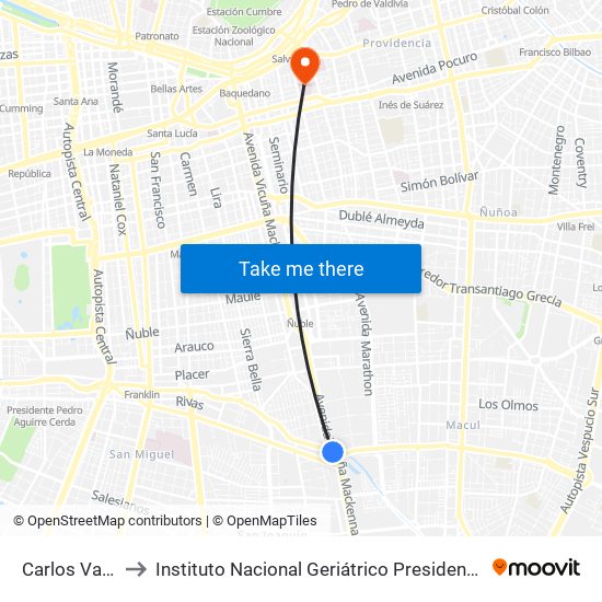 Carlos Valdovinos to Instituto Nacional Geriátrico Presidente Eduardo Frei Montalva map