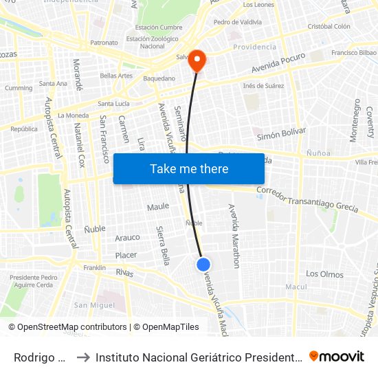 Rodrigo De Araya to Instituto Nacional Geriátrico Presidente Eduardo Frei Montalva map