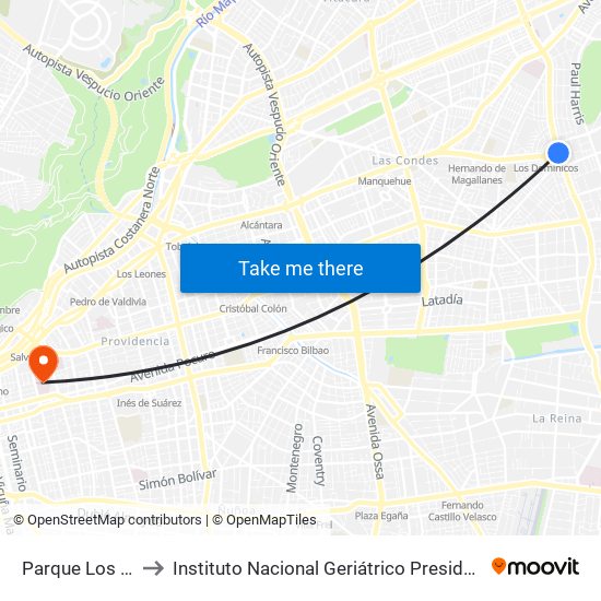 Parque Los Dominicos to Instituto Nacional Geriátrico Presidente Eduardo Frei Montalva map